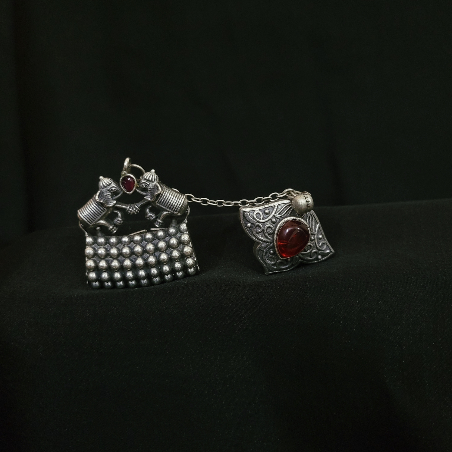 German Silver Fully Adjustable Double Ring - Elephant and Traditional Design