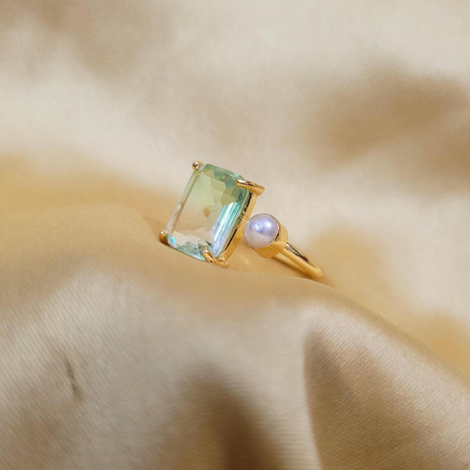 Rectangle Glass Stone and Pearl Ring