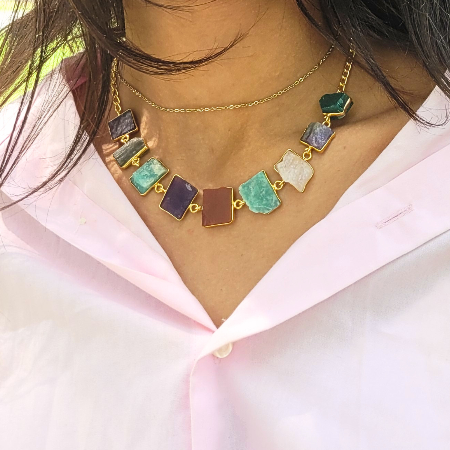 Multicolor Natural Stone Rectangle Choker