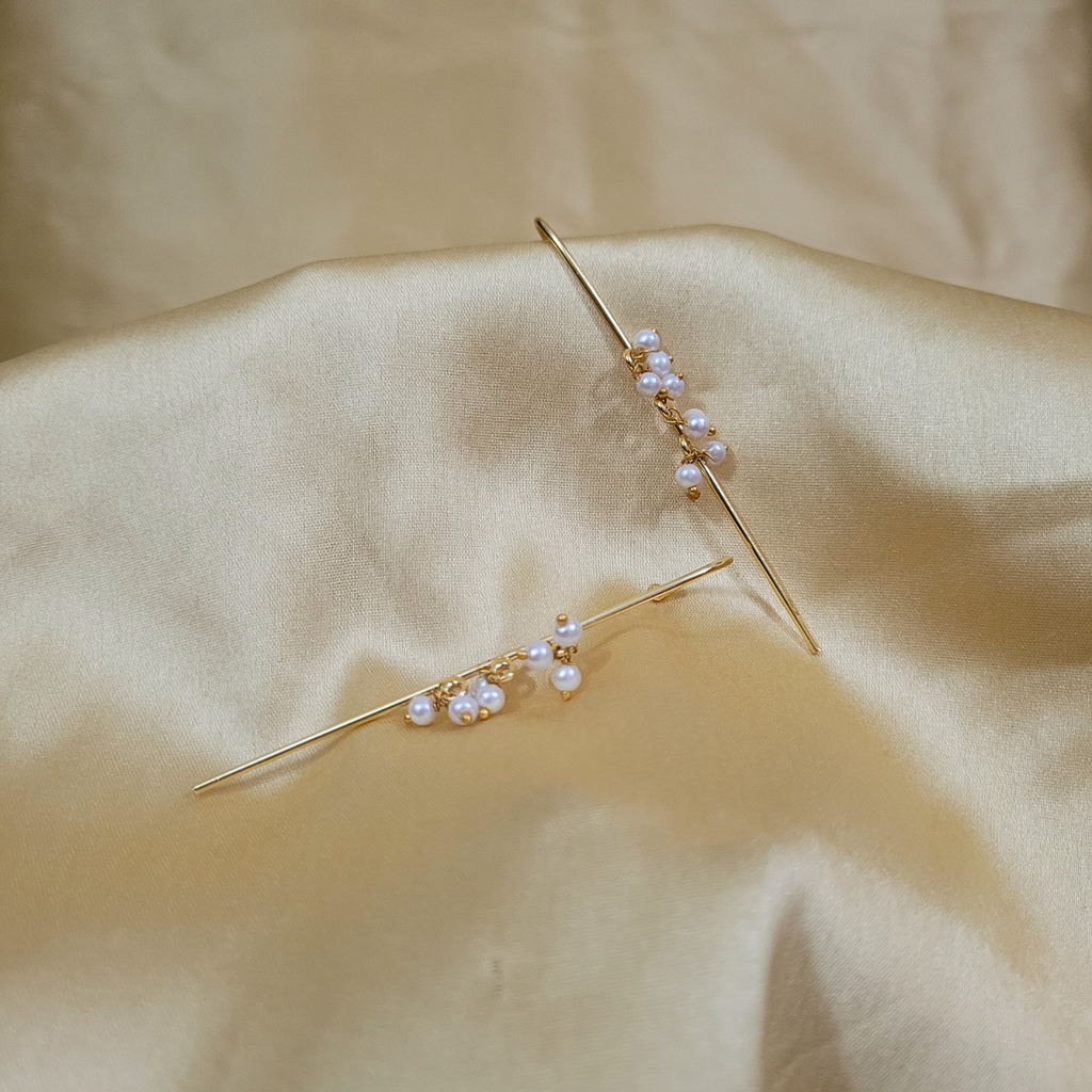 Brass Dangling Pearl, Cane Earrcuff, Rod Earcuff with Cultured Pearls