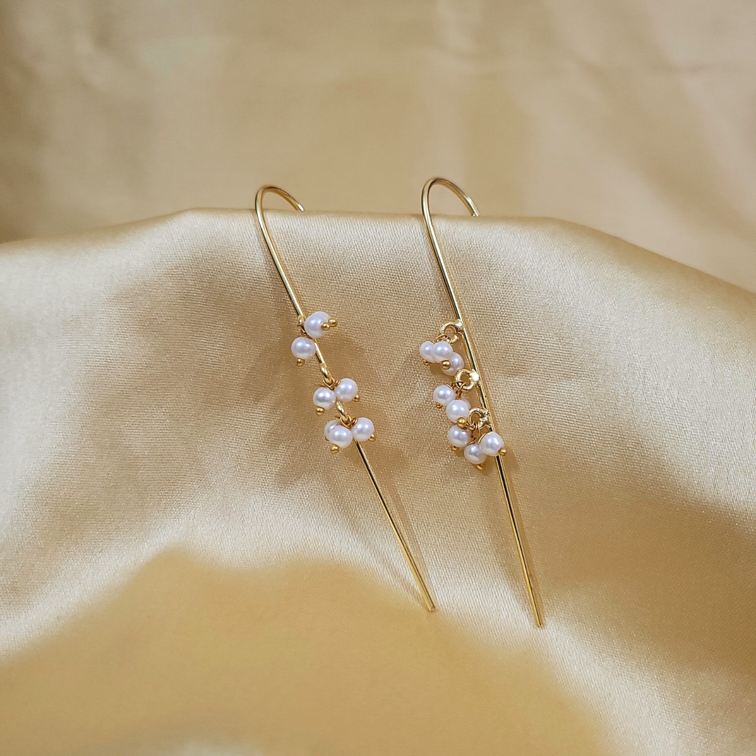 Brass Dangling Pearl, Cane Earrcuff, Rod Earcuff with Cultured Pearls